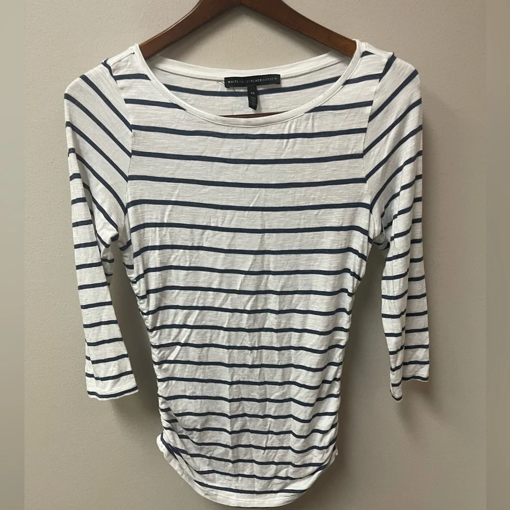 White House Black Market WHBM Ruched-Side 3/4 Sleeve Tee Stripped XS